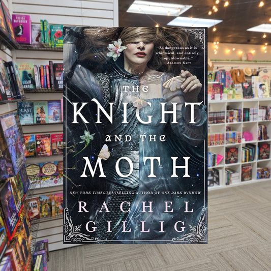 Knight and the Moth by Rachel Gillig — actual cover on The Perk bookstore background