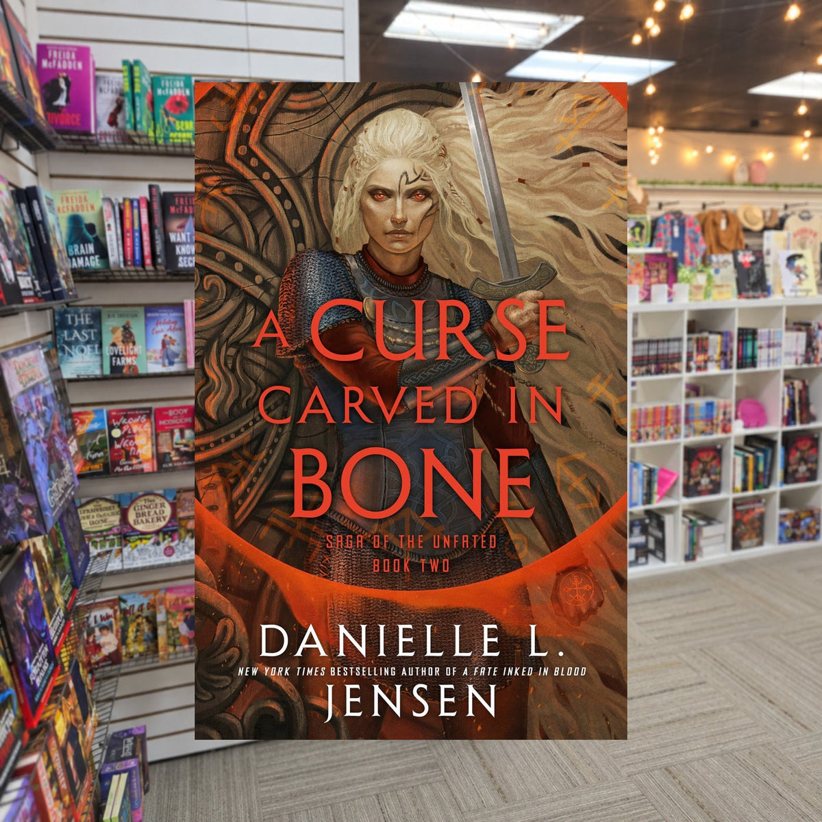 A Curse Carved in Bone by Danielle L. Jensen — actual cover on The Perk bookstore background