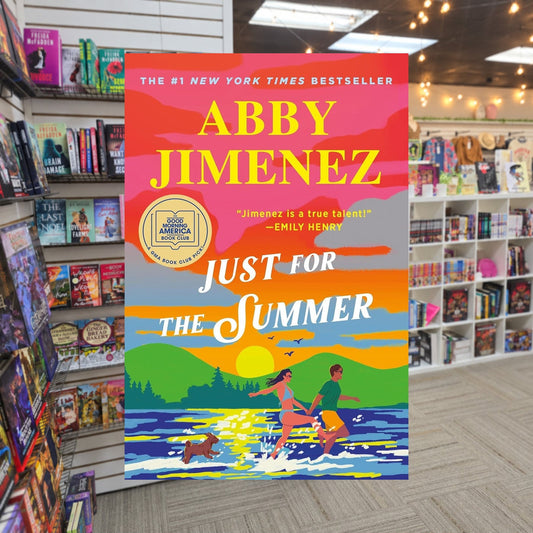 Just for the Summer by Abby Jimenez — actual cover on The Perk bookstore background