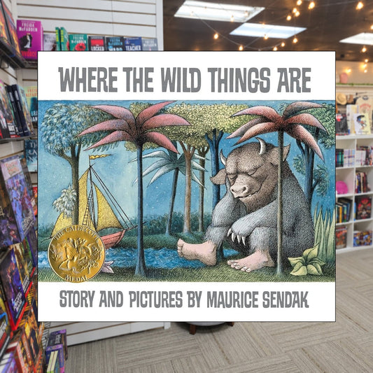 Where the Wild Things Are by Maurice Sendak — actual cover on The Perk bookstore background