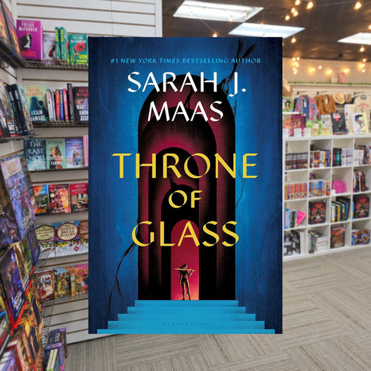 Throne of Glass by Sarah J. Maas — actual cover on The Perk bookstore background