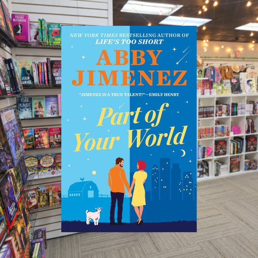 Part of Your World by Abby Jimenez — actual cover on The Perk bookstore background