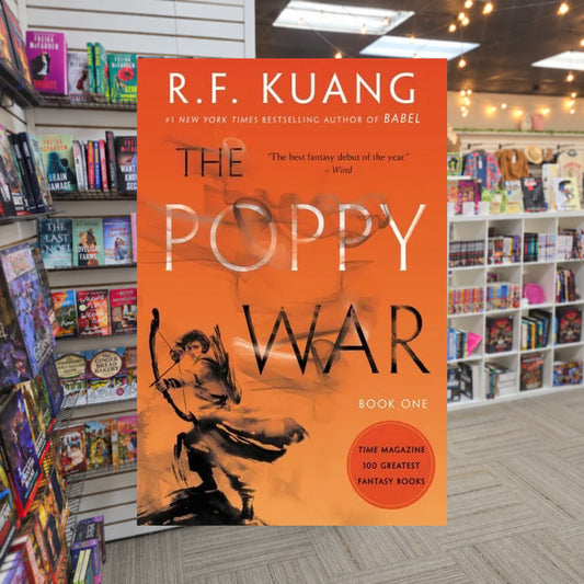 The Poppy War by R.F. Kuang — actual cover on The Perk bookstore background