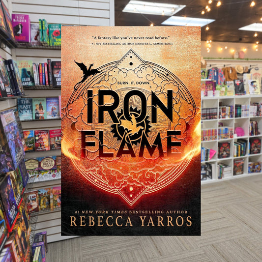Iron Flame by Rebecca Yarros — actual cover on The Perk bookstore background