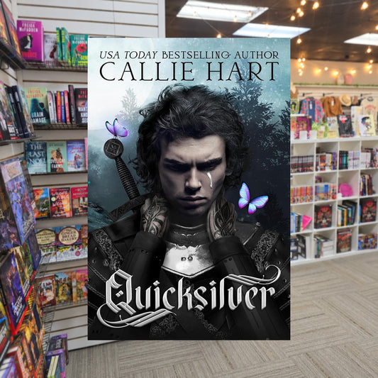 Quicksilver by Callie Hart — actual cover on The Perk bookstore background