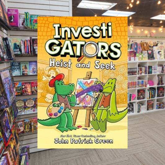 Heist and Seek by John Patrick Green — actual cover on The Perk bookstore background