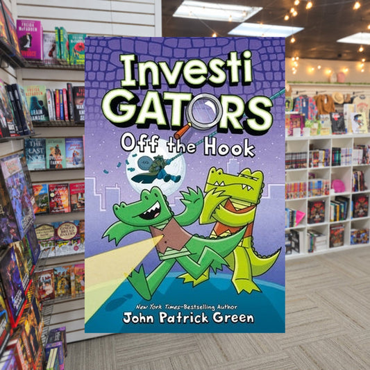 Off the Hook by John Patrick Green — actual cover on The Perk bookstore background