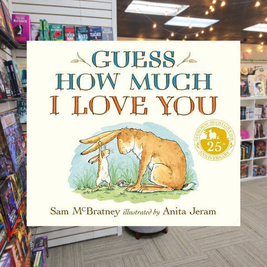 Guess How Much I Love You by Sam McBratney — actual cover on The Perk bookstore background