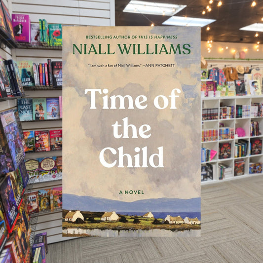 Time of the Child by Niall Williams — actual cover on The Perk bookstore background