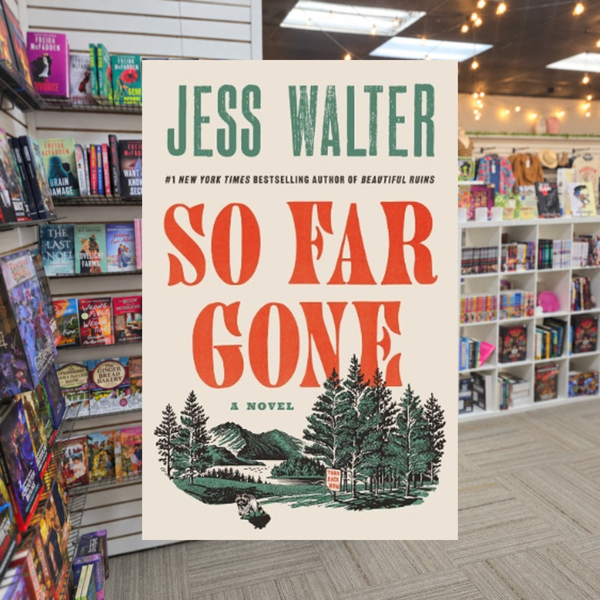 So Far Gone by Jess Walter — actual cover on The Perk bookstore background