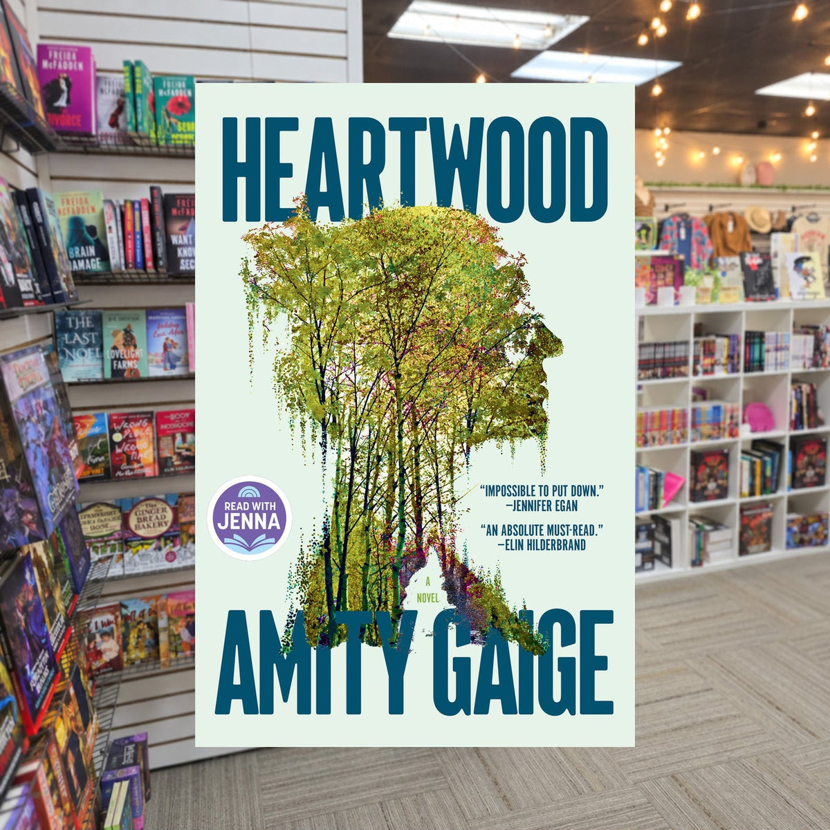 Heartwood by Amity Gaige — actual cover on The Perk bookstore background