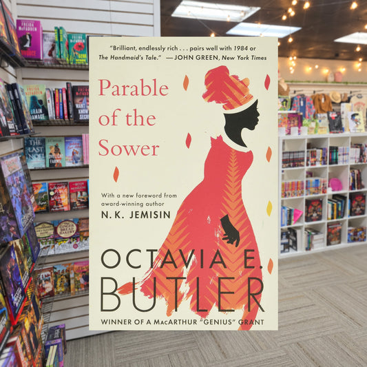 Parable of the Sower by Octavia E. Butler — actual cover on The Perk bookstore background