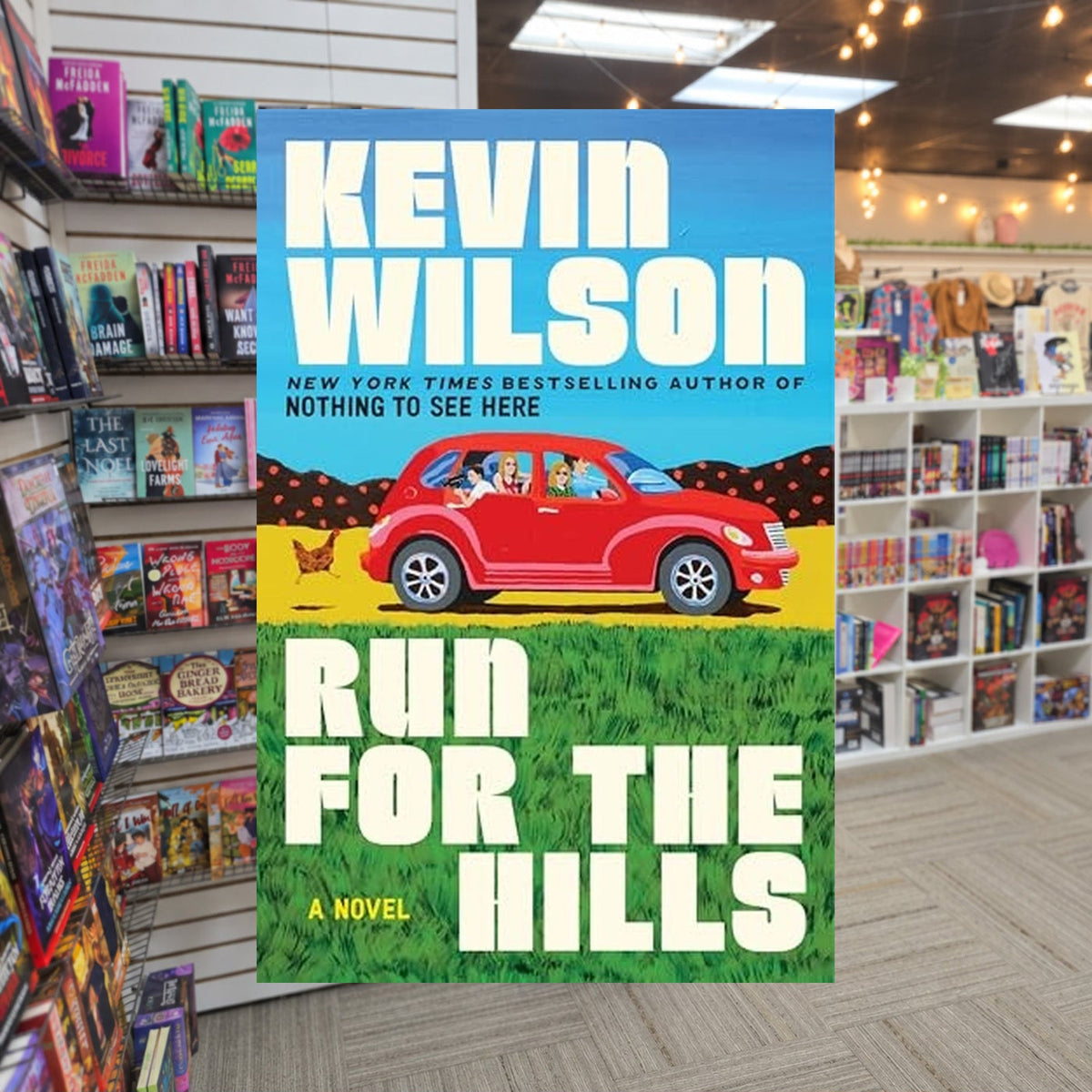 Run for the Hills by Kevin Wilson — actual cover on The Perk bookstore background