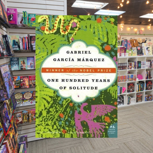 One Hundred Years of Solitude by Gabriel García Márquez — actual cover on The Perk bookstore background
