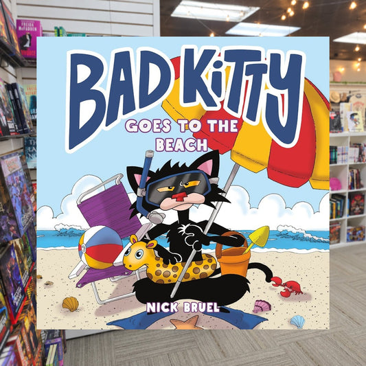 Bad Kitty Goes to the Beach by Nick Bruel — actual cover on The Perk bookstore background