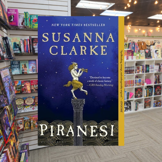 Piranesi by Susanna Clarke — actual cover on The Perk bookstore background