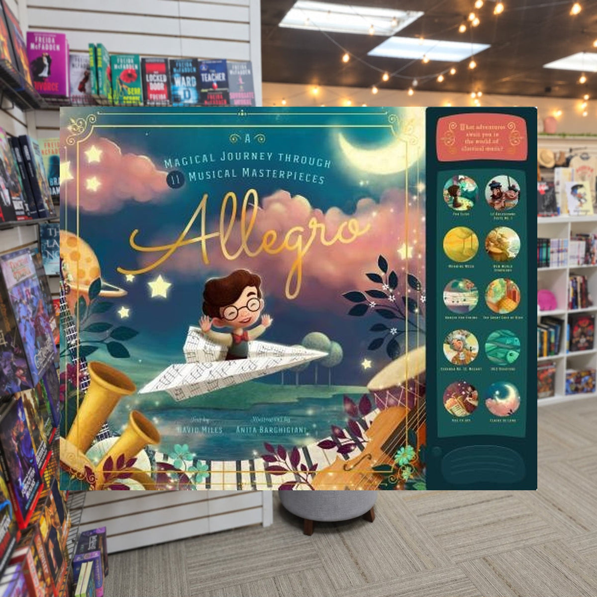 Allegro: A Musical Journey Through 11 Musical Masterpieces by David W. Miles — actual cover on The Perk bookstore background