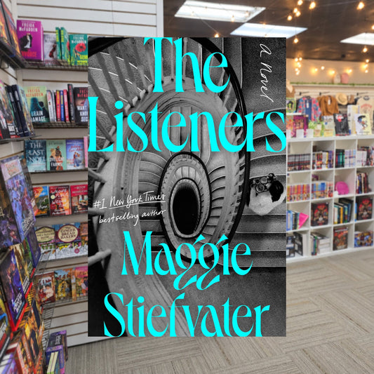 The Listeners by Maggie Stiefyater — actual cover on The Perk bookstore background