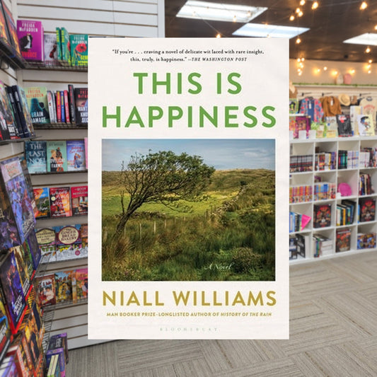 This Is Happiness by Niall Williams — actual cover on The Perk bookstore background