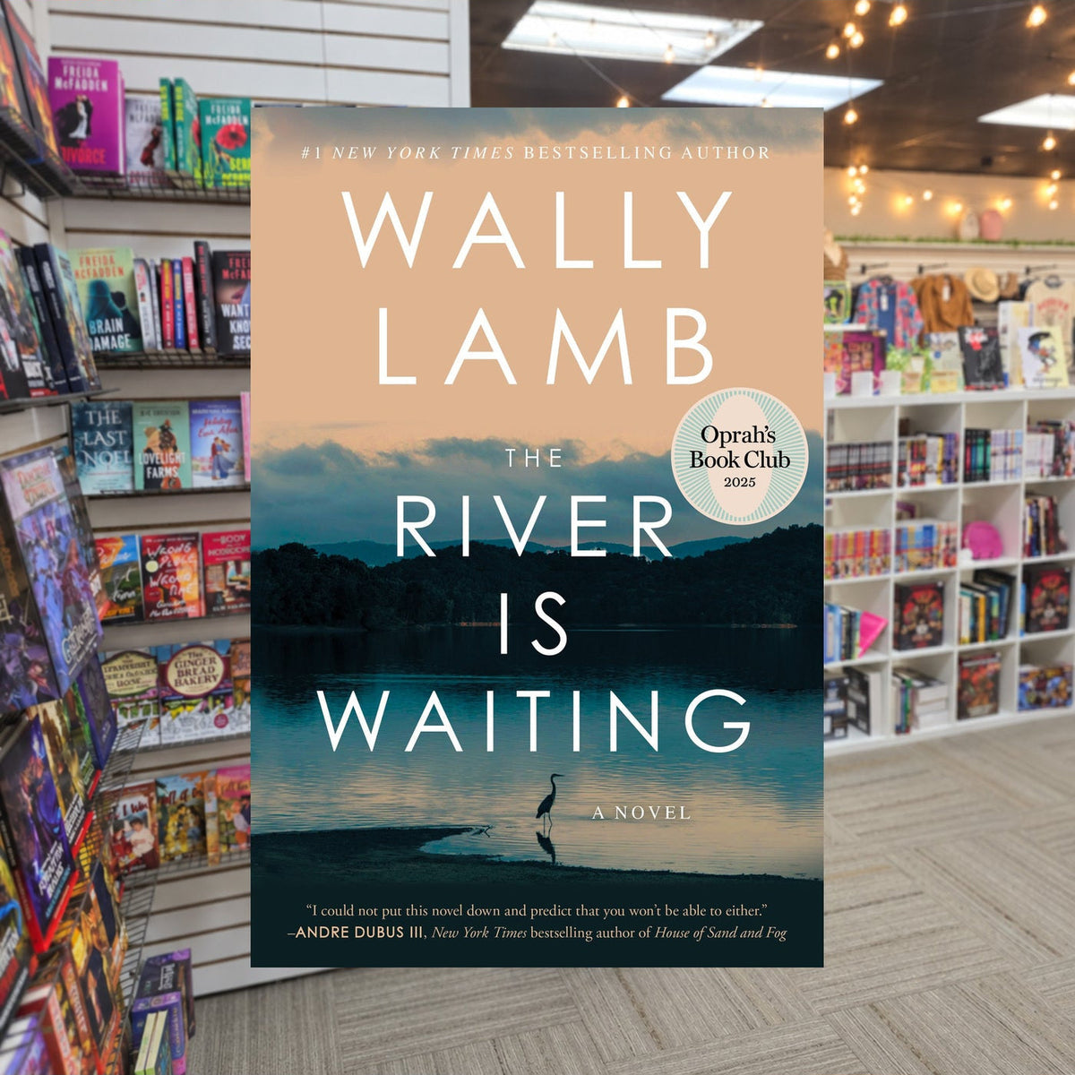 The River is Waiting by Wally Lamb — actual cover on The Perk bookstore background