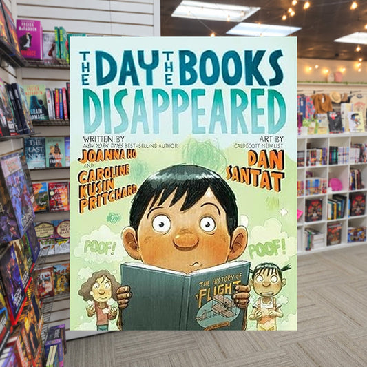 The Day the Books Disappeared by Joanna Ho , Caroline Kusin Pritchard — actual cover on The Perk bookstore background
