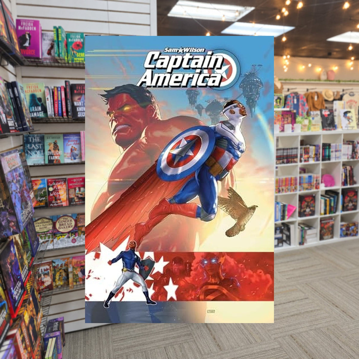 Sam Wilson, Captain America: Better Angels by Evan Narcisse, Eder Messias (Illustrator) — actual cover on The Perk bookstore background