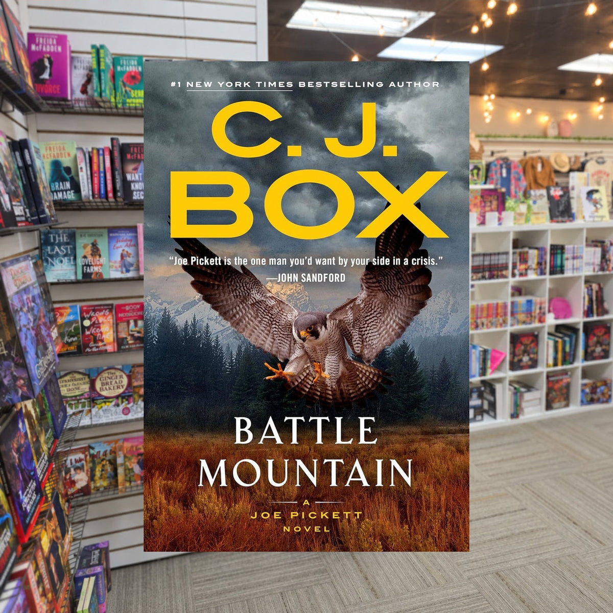 Battle Mountain by C.J. Box — actual cover on The Perk bookstore background