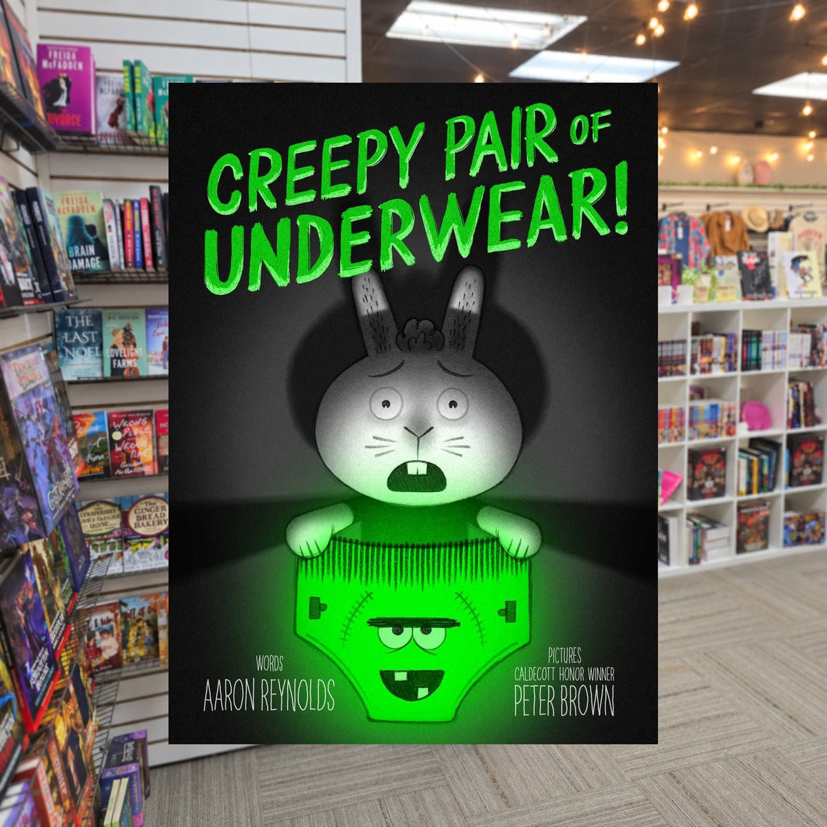 Creepy Pair of Underwear! by Aaron Reynolds — actual cover on The Perk bookstore background