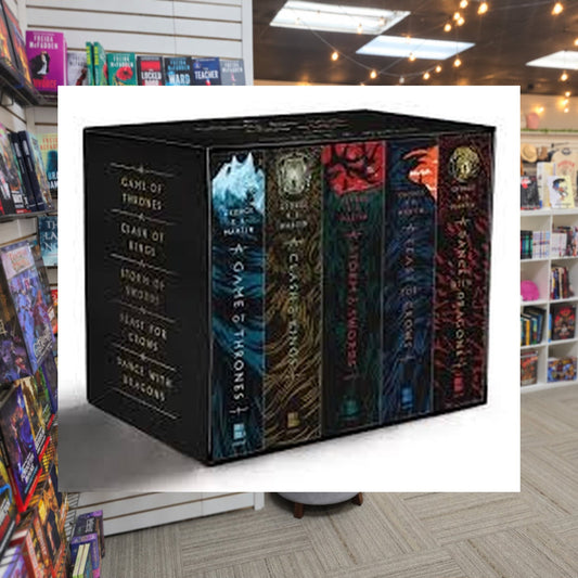 Game Of Thrones: A Song of Ice and Fire #1-5: A Song of Ice and Fire by George R.R. Martin — actual cover on The Perk bookstore background