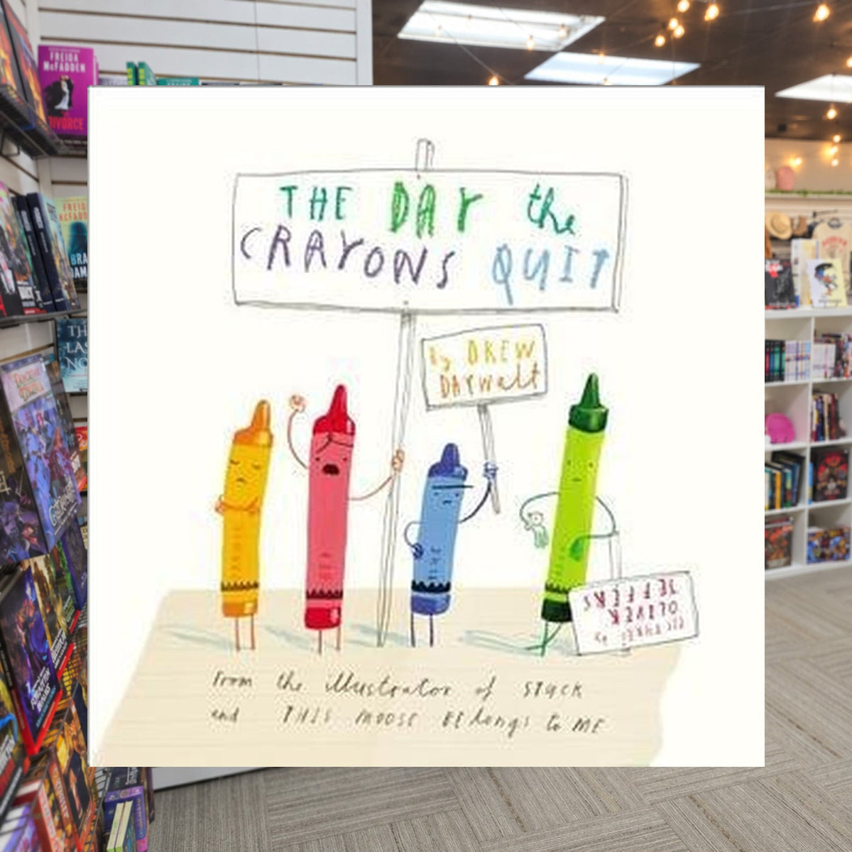 The Day the Crayons Quit by Drew Daywalt — actual cover on The Perk bookstore background