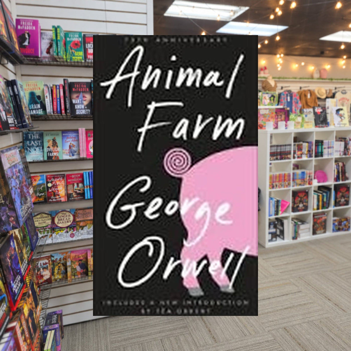 Animal Farm by George Orwell, Russell Baker (Preface), C.M. Woodhouse (Introduction) — actual cover on The Perk bookstore background