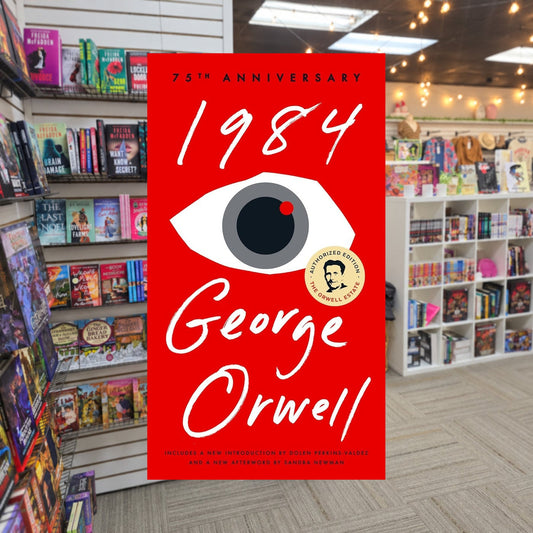 1984 by George Orwell, Erich Fromm (Afterword), Sandra Newman (New Afterword) — actual cover on The Perk bookstore background