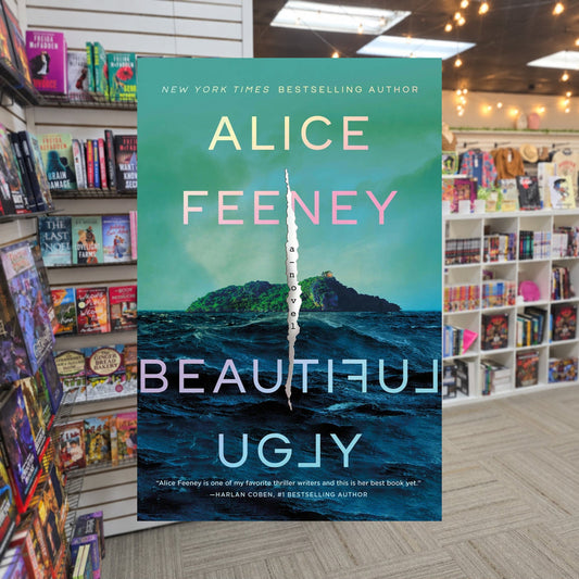 Beautiful Ugly by Alice Feeney — actual cover on The Perk bookstore background