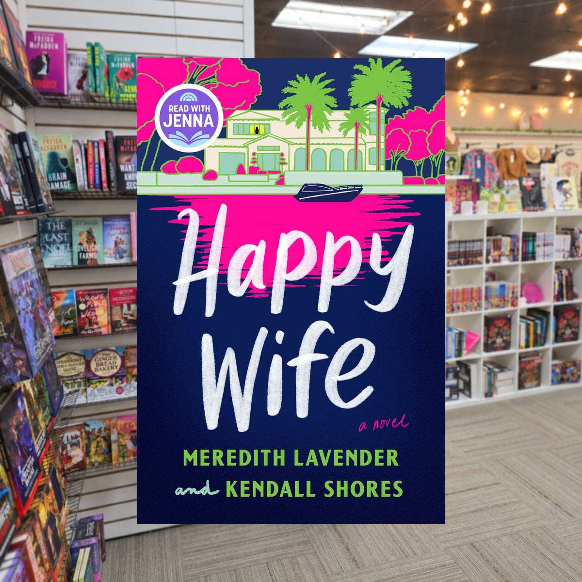 Happy Wife by Meredith Lavender and Kendall Shores — actual cover on The Perk bookstore background