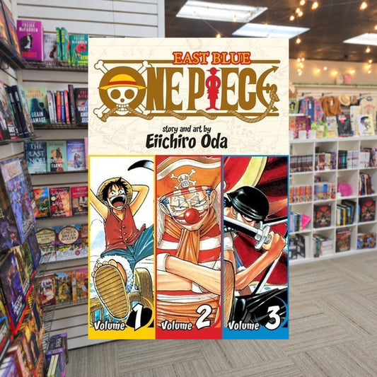 One Piece 3-in-1 Omnibus #1: One Piece. Omnibus, Vol. 1 by Eiichiro Oda — actual cover on The Perk bookstore background