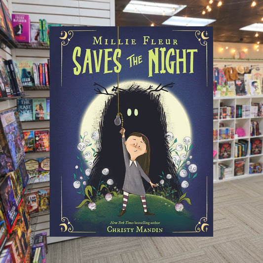 Millie Fleur Saves the Night by Christy Mandin — actual cover on The Perk bookstore background