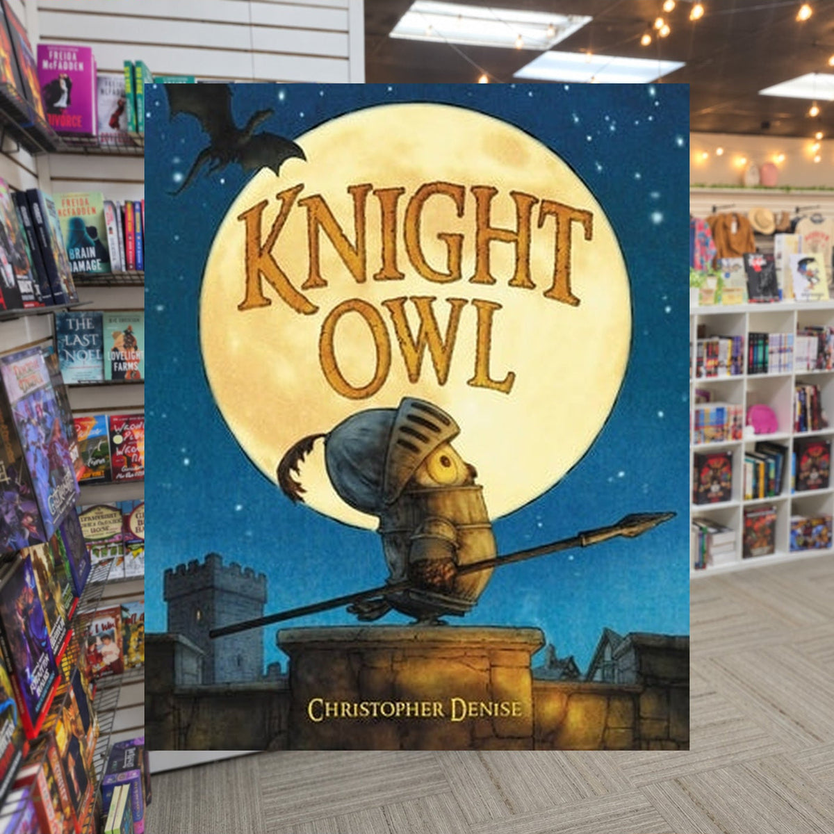Knight Owl by Christopher Denise — actual cover on The Perk bookstore background