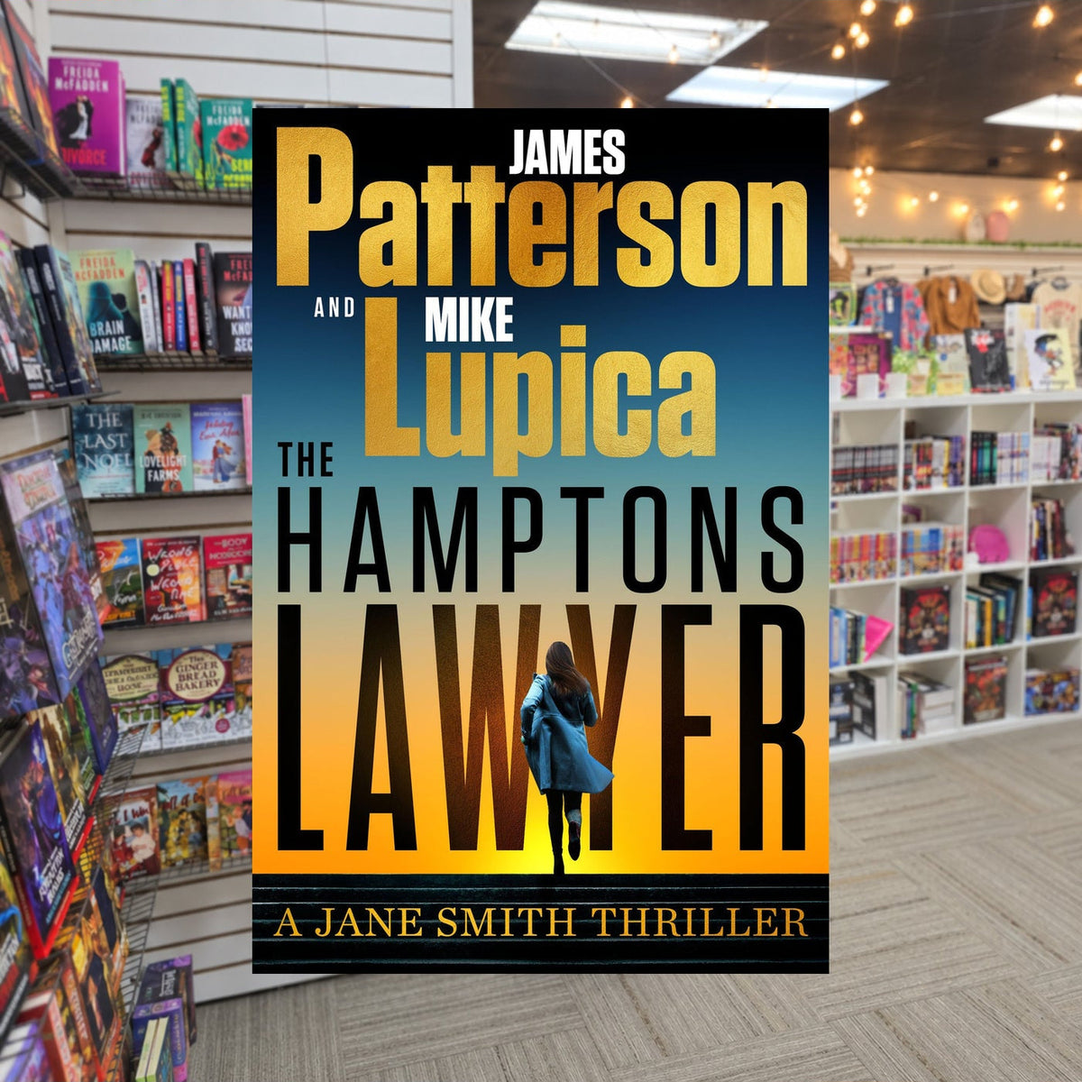 The Hamptons Lawyer by James Patterson — actual cover on The Perk bookstore background