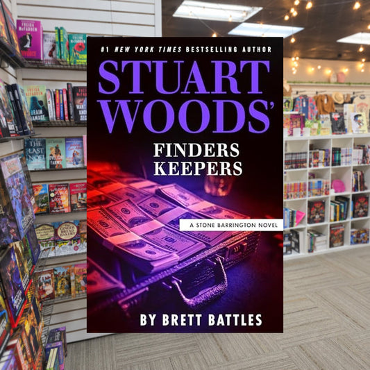 Stone Barrington #66: Stuart Woods' Finders Keepers by Brett Battles, Stuart Woods — actual cover on The Perk bookstore background