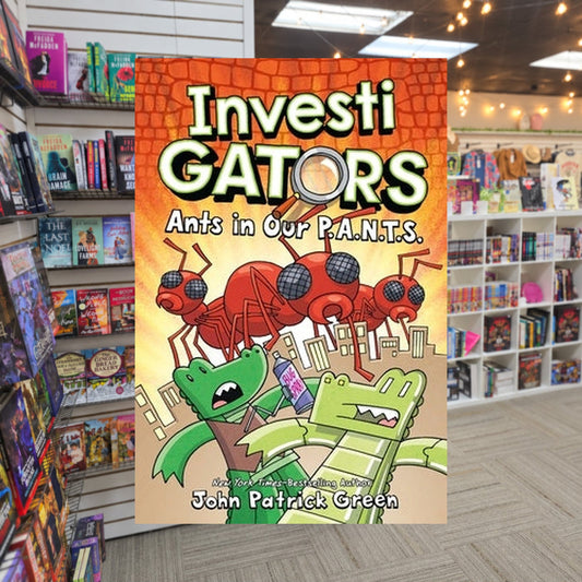 Ants in Our P.A.N.T.S. by John Patrick Green — actual cover on The Perk bookstore background