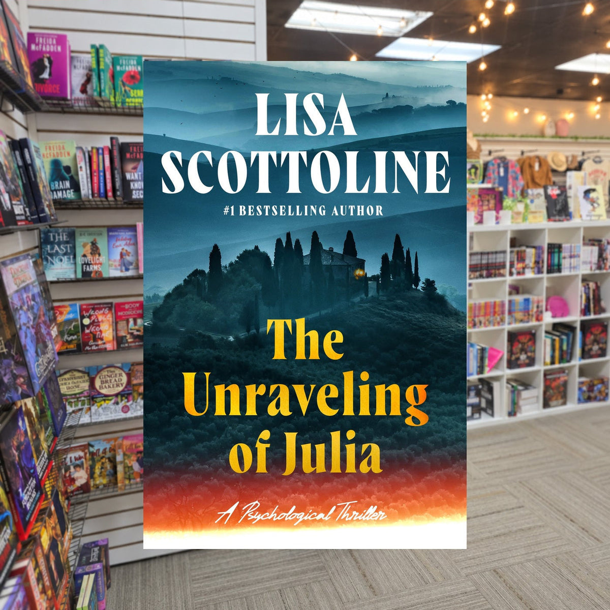 The Unraveling of Julia by Lisa Scottoline — actual cover on The Perk bookstore background