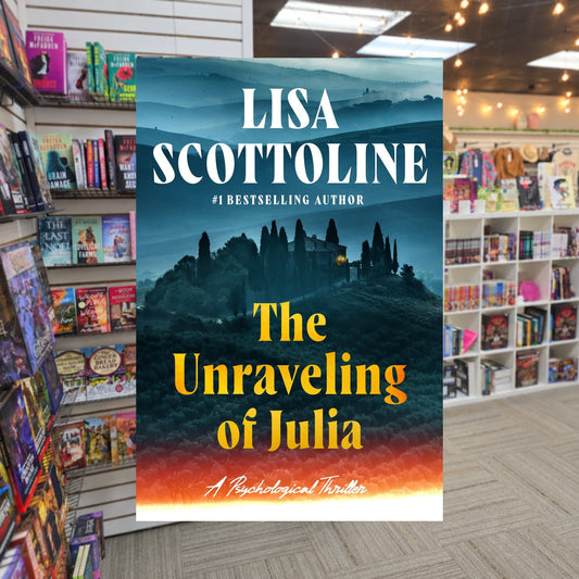 The Unraveling of Julia by Lisa Scottoline — actual cover on The Perk bookstore background