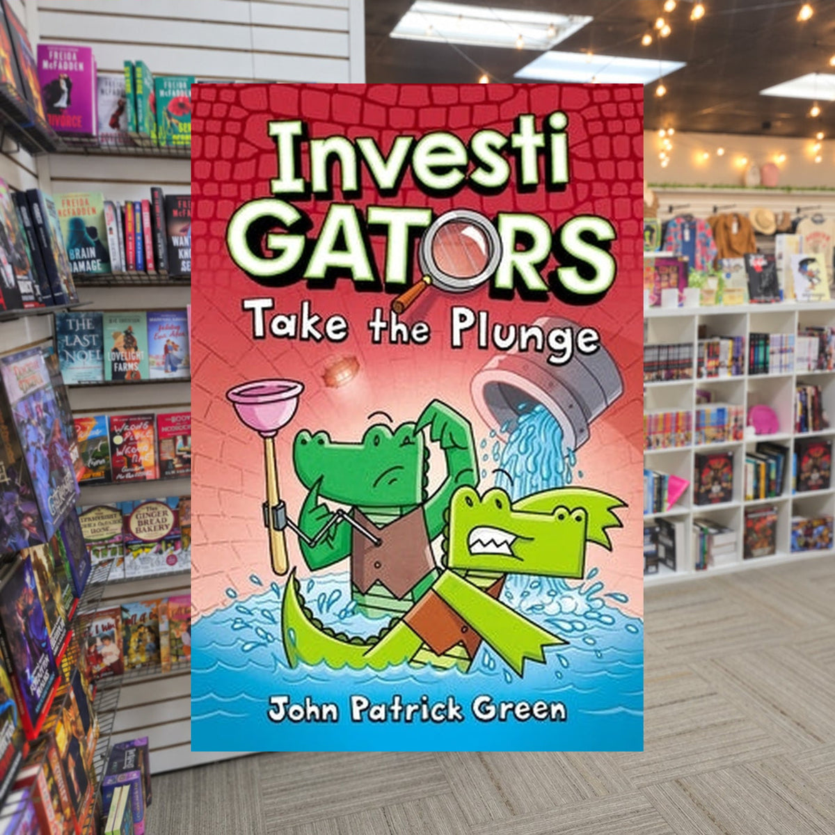 Take the Plunge by John Patrick Green — actual cover on The Perk bookstore background
