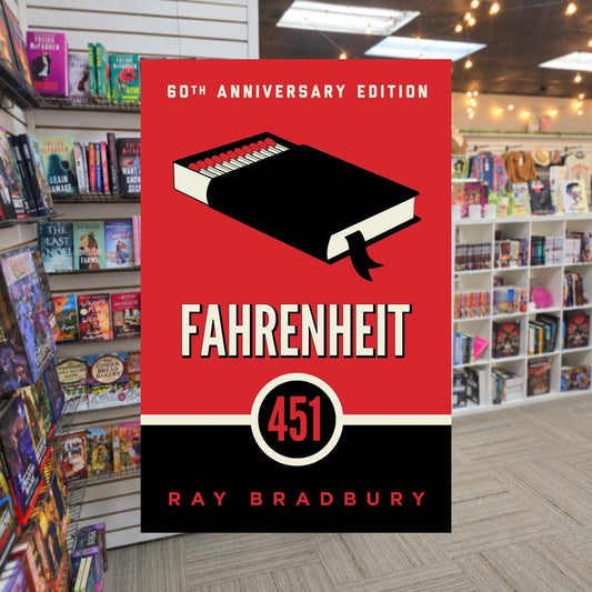 Fahrenheit 451 by Ray Bradbury — actual cover on The Perk bookstore background