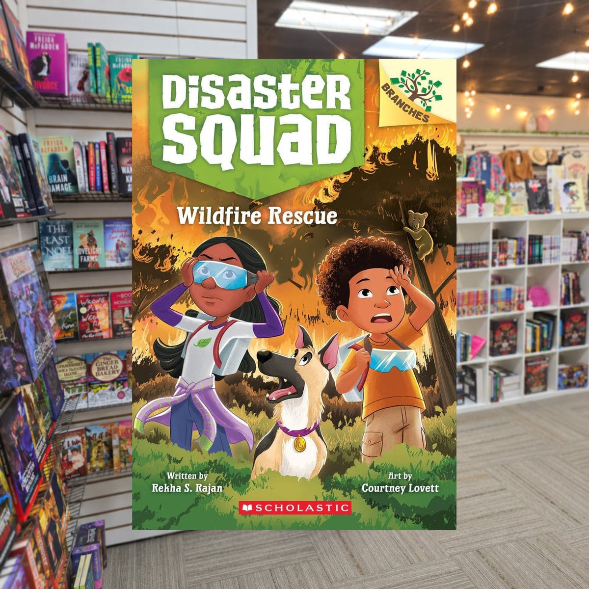 Wildfire Rescue: A Branches Book by Rekha S. Rajan — actual cover on The Perk bookstore background