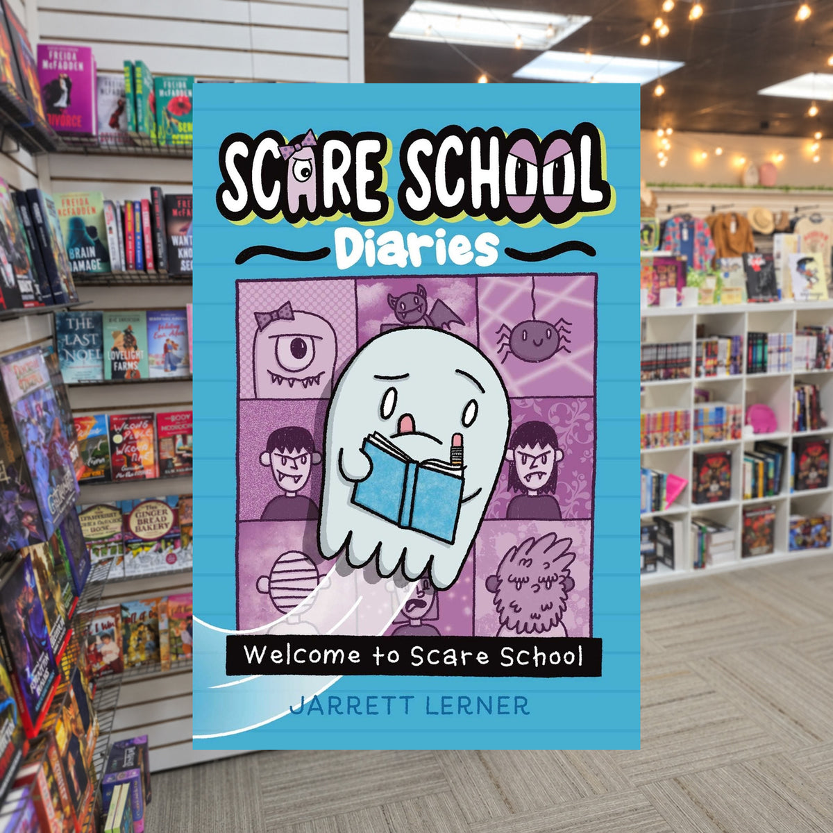 Welcome to Scare School by Jarrett Lerner — actual cover on The Perk bookstore background