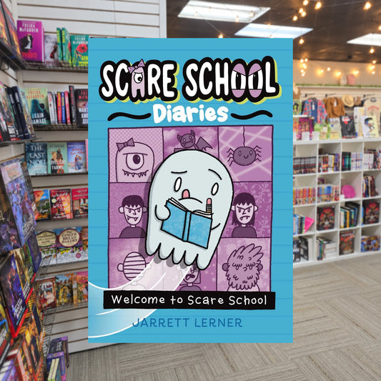 Welcome to Scare School by Jarrett Lerner — actual cover on The Perk bookstore background