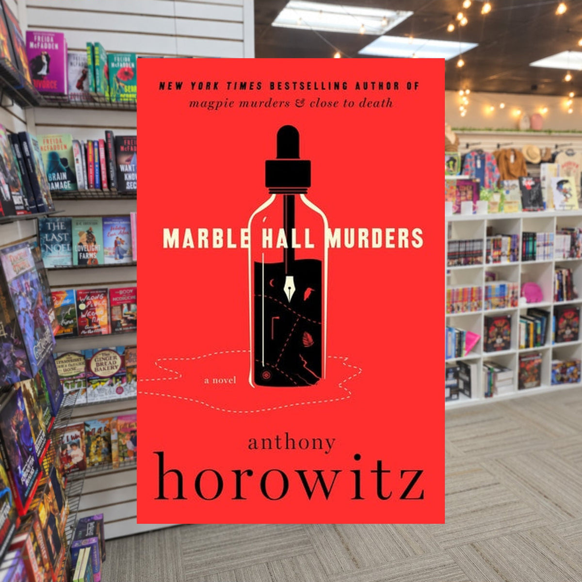 Marble Hall Murders by Anthony Horowitz — actual cover on The Perk bookstore background