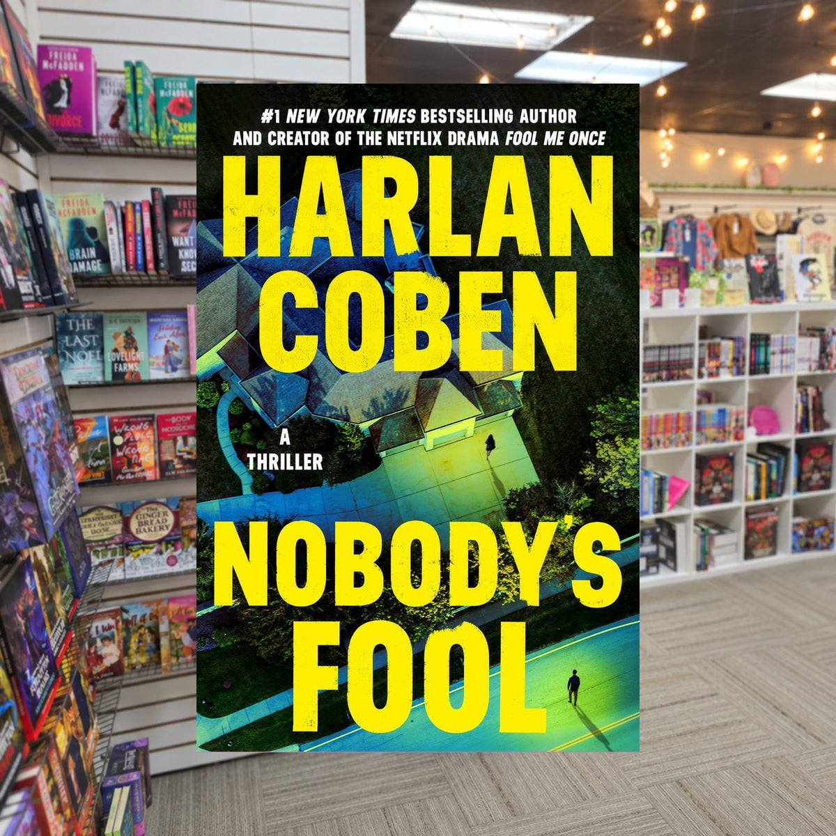 Nobody's Fool by Harlan Coben — actual cover on The Perk bookstore background