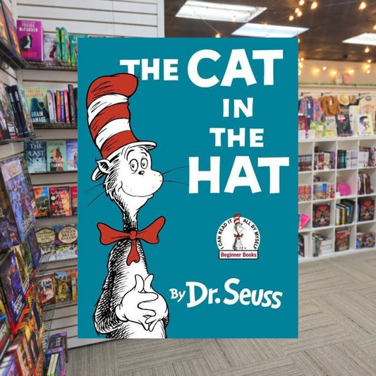 The Cat in the Hat by Dr. Seuss — actual cover on The Perk bookstore background